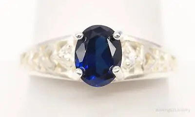 Vintage Lab Sapphire Cubic Zirconia Sterling Silver Ring - Size 9.75 • $80