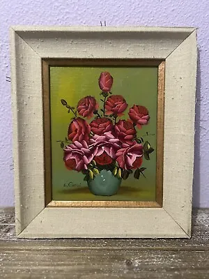 Vintage Painting MCM L Rossi Oil Pink Red Roses Flowers In Vase Mid Century • $47.50