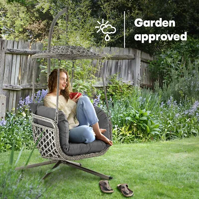 Garden Hanging Egg Swing Chair Rattan Effect Relaxing Patio Hammock W/ Cushions • £249.94