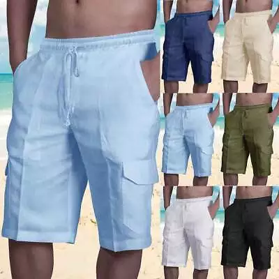 Mens Cotton Linen Cargo Shorts Work Elasticated Waist Combat Pockets Sport Pants • $18.89