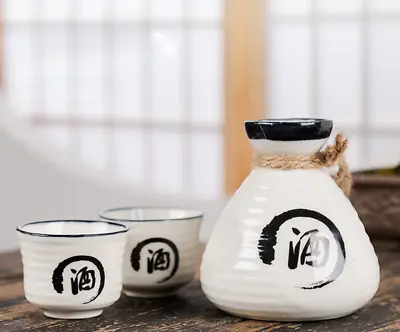 Japanese Wine Ceramic Sake Bottle Spirit Pot Set Tokkuri 2 Cups Hemp Tie Kanji • $51.59