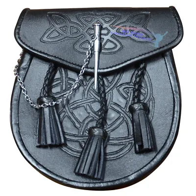 CELTIC EMBOSSED BLACK LEATHER LATCH PIN KILT SPORRAN With Belt And Chain • $26.94
