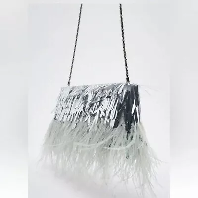 Zara Woman Sequins Feathers Crossbody/clutch Bag In Metallic Silver Medium New • £25