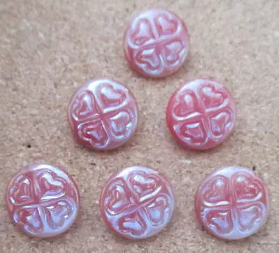 6 - Czech Glass 4 Hearts On Glossy Pinkish Mauve Buttons #68 - .671  = 17.05mm • $12