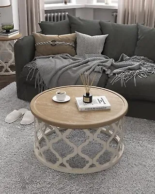 Farmhouse Coffee Table 30'' Round Distressed Wood Tray Top Vintage Coffee Table • $172.48