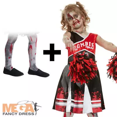 Zombie Cheerleader + Tights Girls Fancy Dress Dead Squad Kids Halloween Costume • £15.49