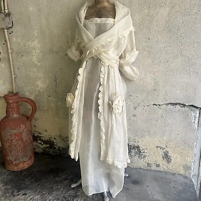 Antique Teens 1920s White Organza Dress Sculpted Flowers  Scalloped Hem Vintage • $350