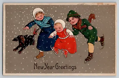 Happy New Year Three Children Skating Dachshund Dog PFB Vtg Postcard 1908 • $10.95