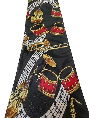 Vtg Steven Harris Men's Novelty Neck Tie Drums Music Sax Trumpet Black Red  57  • $5