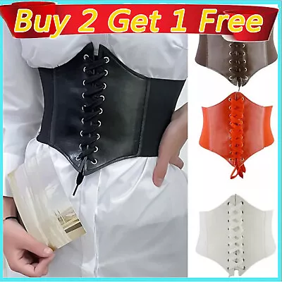 Ladies Waist Cincher Wide Band Elastic Tied Waspie Corset Leather Black Belt UK • £4.35