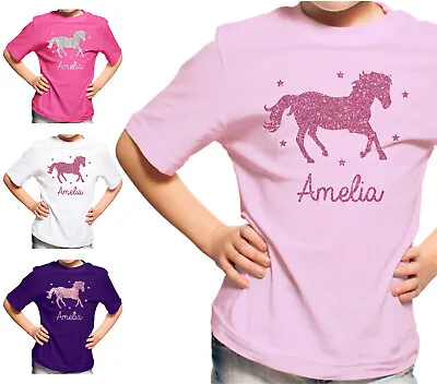 Personalised Horse Riding T-Shirt Girls Glitter School Pony Tshirt Top Kids • £8.99