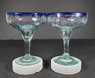 Margarita Glasses Cobalt Blue Rim Mexican Hand Blown Thick Glass Set Of 2 • $16.99