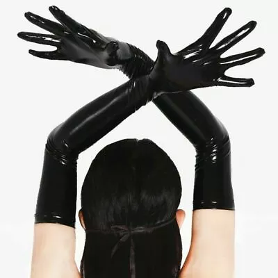 Women Latex Wet Look Long Gloves PVC Leather Shiny Mittens Accessories Party • £10.79