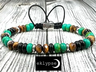 Macramé Adjustable 6mm Turquoise+Onyx+Tigers Eye Gemstone Beaded Unisex Bracelet • $20.99