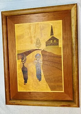 Marquetry Art Wood Inlaid Picture Amish Kids Walking To Church/School/House • $11.95