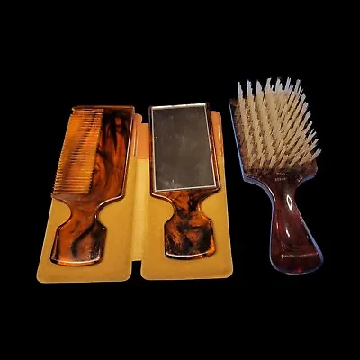 Vintage 4 Pc Comb Mirror Brush With Case Made In Hong Kong Marble Tortoise Shell • $32.24