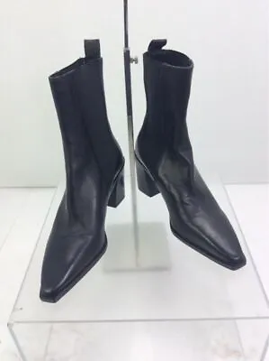 $28 • Buy Zara Black Leather Fabric Block Heel Ankle Boots 36/6