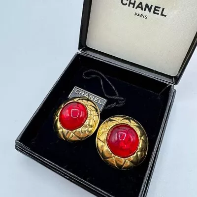 Genuine Chanel Earrings Vintage Gripore Rare Engraved Gold Clip On Japan 329 200 • $500