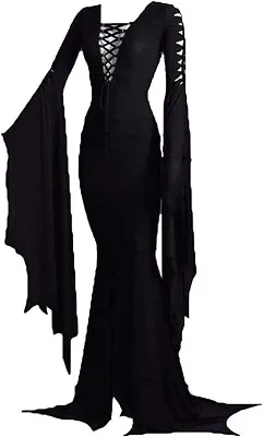 Morticia Floor Dress Costume Women Size S Small Gothic V-Neck Witch Cosplay • $34.99