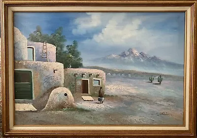 Mexico ~ Southwest Oil Painting On Canvas 24x36 W/ Mountain Scene Woman Pueblo • $125