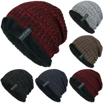 Mens Winter Knit Slouch Beanie Hat Fleece Lined Thermal Warm Outdoor Ski Cap • $12.63