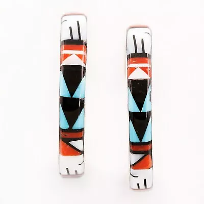 Native American Mb Sterling Silver Turquoise Coral Onyx Mop Inlay Hoop Earrings • $94.50