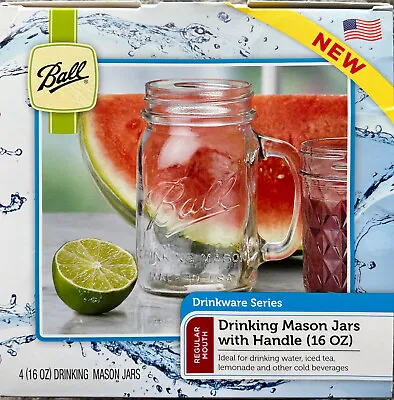4 Pack Ball Drinking Mason Jars W/ Handles 16oz Mugs W/ Thick Glass Made In USA • $34