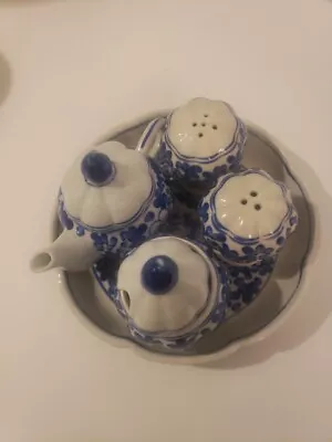 Miniature Doll Tea Set Blue & White THAI SOUVENIR Teapot Sugar Salt/Pepper 7pcs • $19.99