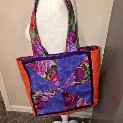 Handmade Patchwork Shopping Tote Shoulder Handbag Purple Orange Pinwheel 17 X14  • $14.95