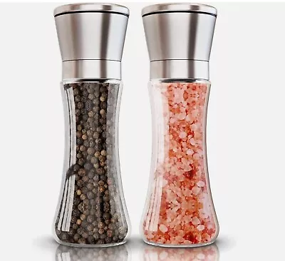 2PCS Salt Pepper Grinder Set Stainless Steel Glass Shaker Adjustable Mill Coarse • £6.99