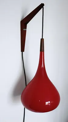 Vintage Holmegaard MCM Danish Modern Hanging Teak & Red Cased Glass Wall Sconce • $299.99