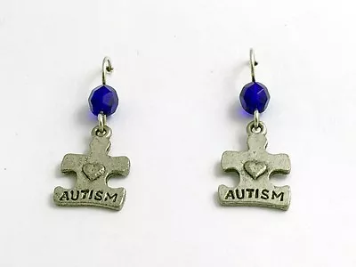 Pewter And Sterling Silver Autism Puzzle Piece Dangle Earrings- Cobalt Blue • $17