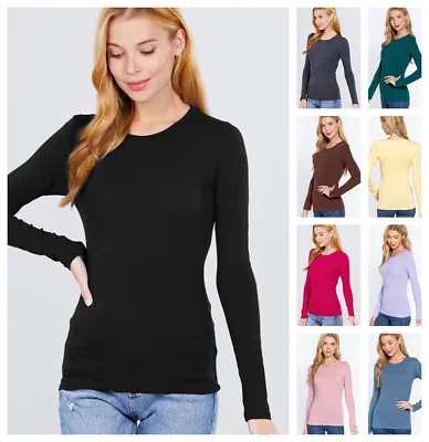 Womens Crew Neck Long Sleeve Basic Top Cotton Stretch Slim Fitted T Shirt S-3x  • $7.99