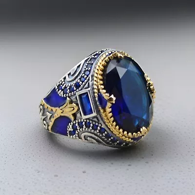 Blue Zircon Men's Ring In 925 Sterling Silver Turkish Jewelry All Size • $46