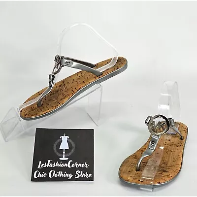 Michael Kors Silver Cork MK Logo Charm Jelly Flip Flop Sandals SIze 5 1910 • $30
