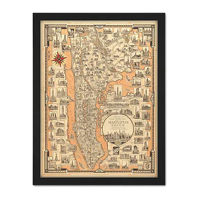 Chase 1939 Pictorial Map NY Manhattan Bronx Large Framed Art Print • £36.99