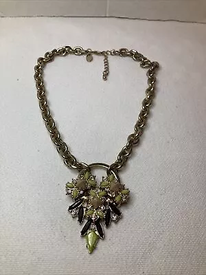 Heavy Vintage Signed C Goldtone Green Jeweled Pendant Costume Chain Necklace • $8