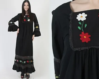 Vtg Traditional Mexican Bell Angel Slv Cotton Embroidered Fiesta Boho Maxi Dress • $121.60