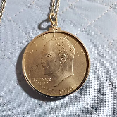 Vintage 1976 Bicentennial Eisenhower Liberty Bell Moon One Dollar Coin Necklace • $9.99