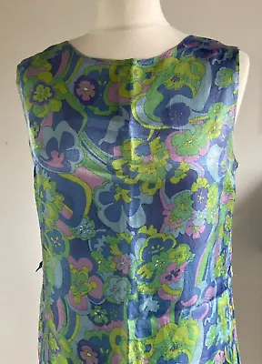 Vintage 60s Acetate Mod Dress Blue Green Psychedelic Print Fits Size 12 • £36.99