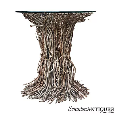 Vintage Adirondack Rustic Bent Twig Glass Top Round Side Table • $680