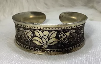 Vintage CHINESE Export Brass Lotus Koi Fish Zodiac Cuff Bracelet Hallmarked • $19.99