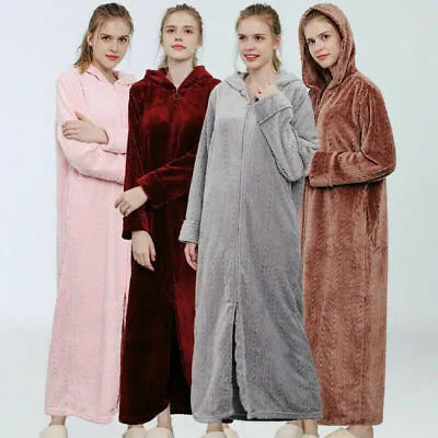 2024 Warm Hooded Dressing Gown Bath Robe Soft Flannel Fleece Zip Solid Long Robe • £39.32