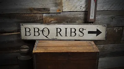 BBQ Ribs Directional Arrow Sign - Rustic Hand Made Vintage Wooden • $149