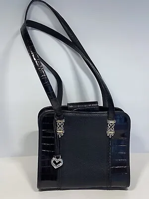 Vtg BRIGHTON Black Croc-Embossed & Black Leather Shoulder Handbag $234 #A179259 • $49