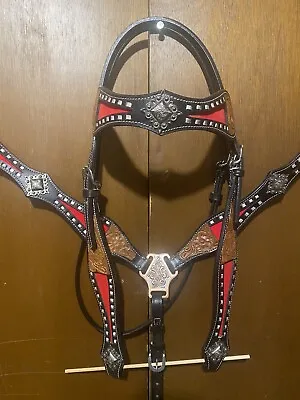 Western Headstalls Tack Set Red And Black  Leather Breast Collar With Reins • $95