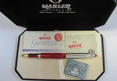 Marlen Shuttle Red & Silver Fountain Pen 18KT Gold Med Pt Pen New In Box  • $369
