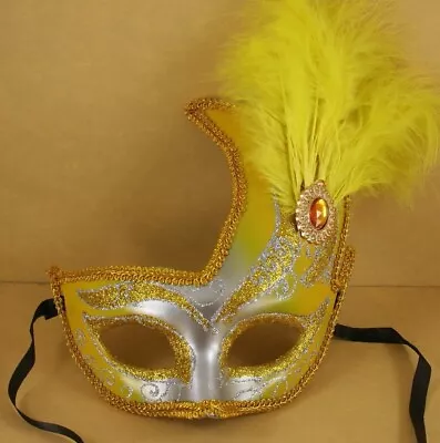 (GOLD) FANCY SWAN Mardi Gras Side Feathered Plastic Glitter Mask (CLOSEOUT) • $2.76