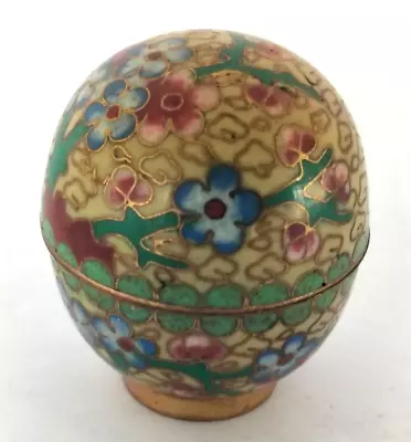 Vintage Cloisonne Enamel Trinket Box Pill Box Cream Gold Blue Floral Egg Shaped • $19.99