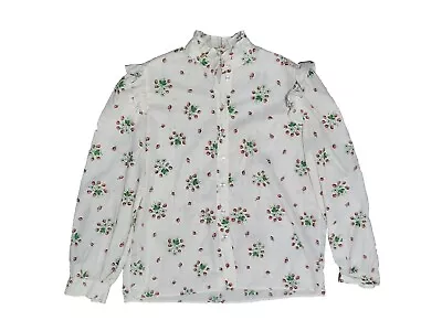 Vintage Smocked Shirt Strawberry Print Long Sleeve High Neck 70s Large Cottage  • $49.99